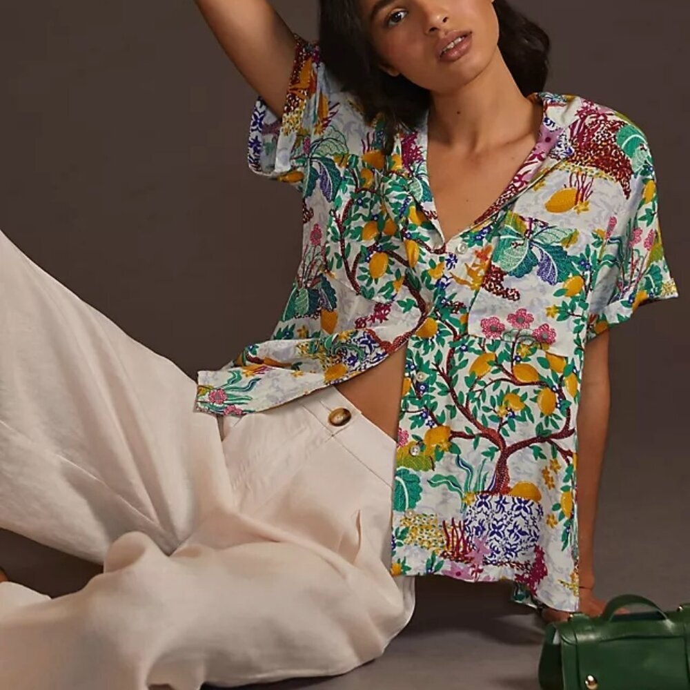 Anthropologie maeve women XS classic surf lemon linen blend short sleeve shirt. - Picture 3 of 12